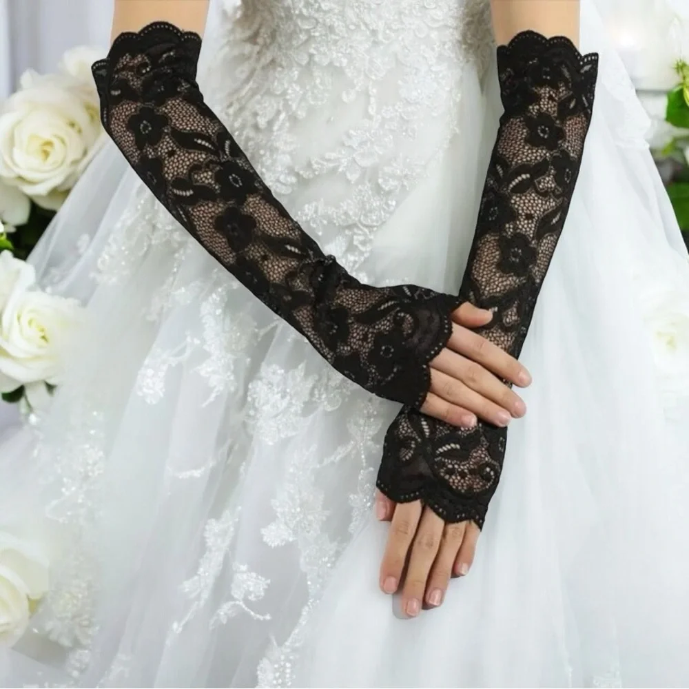 Flower Lace Sleeves Elegant Breathable Long Elastic Decorative Fingerless Gloves